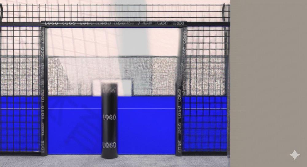 Individuell angepasster Padelplatz mit Club-Branding, Sponsorpanels und farbiger Platzoberfläche, die eine Premium-Preisgestaltung unterstützen